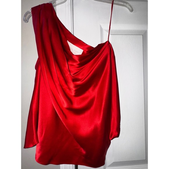 Michelle Mason Red One Shoulder Ruched Satin Party Cocktail Top 8 - Picture 1 of 7
